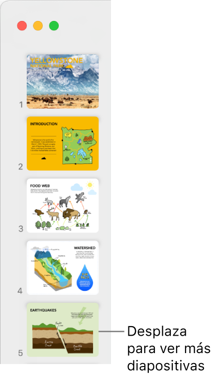 El navegador de diapositivas mostrando cinco diapositivas en vertical y con orden secuencial, con la opción de desplazarse hacia abajo para ver más diapositivas.