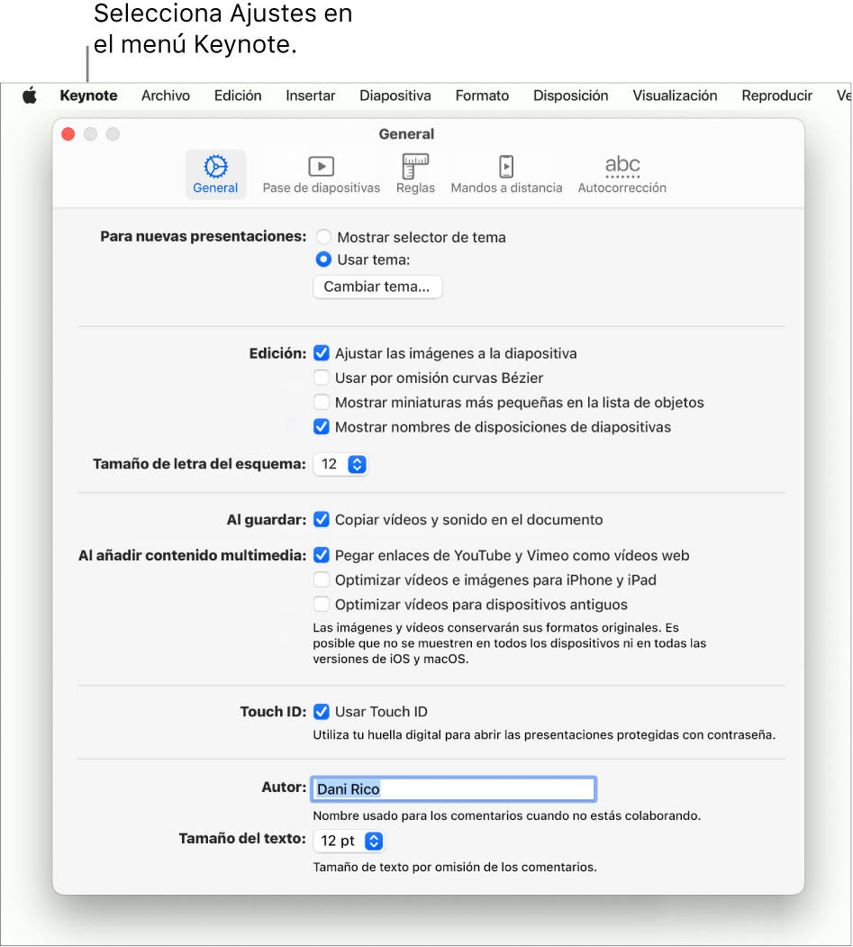 La ventana de ajustes de Keynote abierta en el panel General.