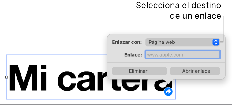 Controles del editor de enlaces con la opción “Página web” seleccionada y los botones Eliminar y “Abrir enlace” en la parte inferior.