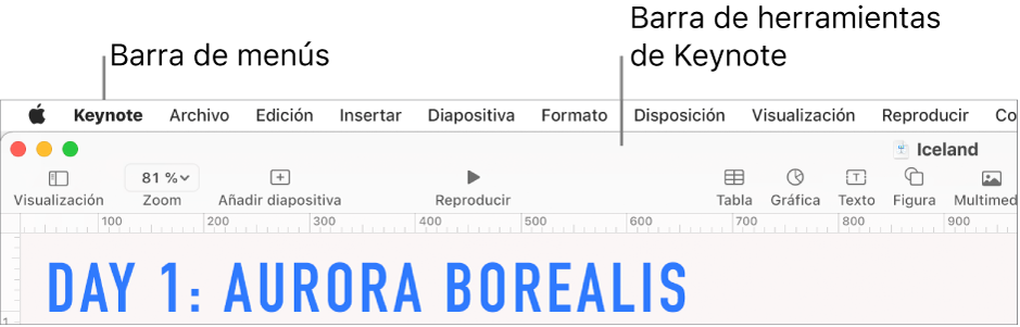 La barra de menús situada en la parte superior de la pantalla con los menús Apple, Keynote, Archivo, Edición, Insertar, Formato, Disposición, Visualización, Reproducir, Compartir, Ventana y Ayuda. Debajo de la barra de menús hay una presentación abierta de Keynote con los botones Visualización, Zoom, “Añadir diapositiva”, Reproducir, Tabla, Gráfica, Texto, Figura y Multimedia de la barra de herramientas por la parte superior.