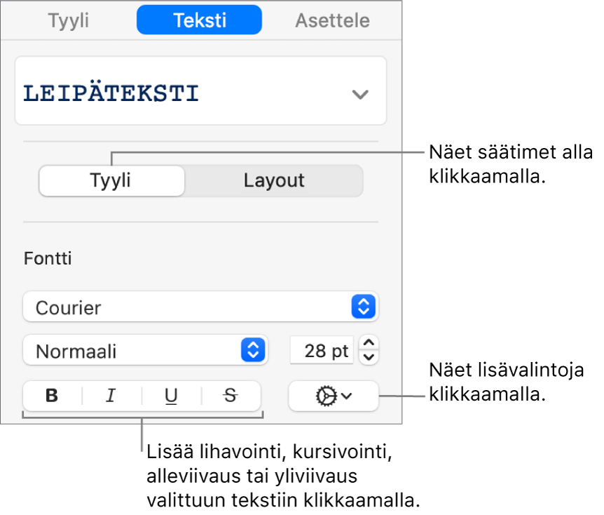 Sivupalkin Tyyli-säätimet ja selitteet Lihavoi-, Kursivoi-, Alleviivaa- ja Yliviivaa-painikkeisiin.