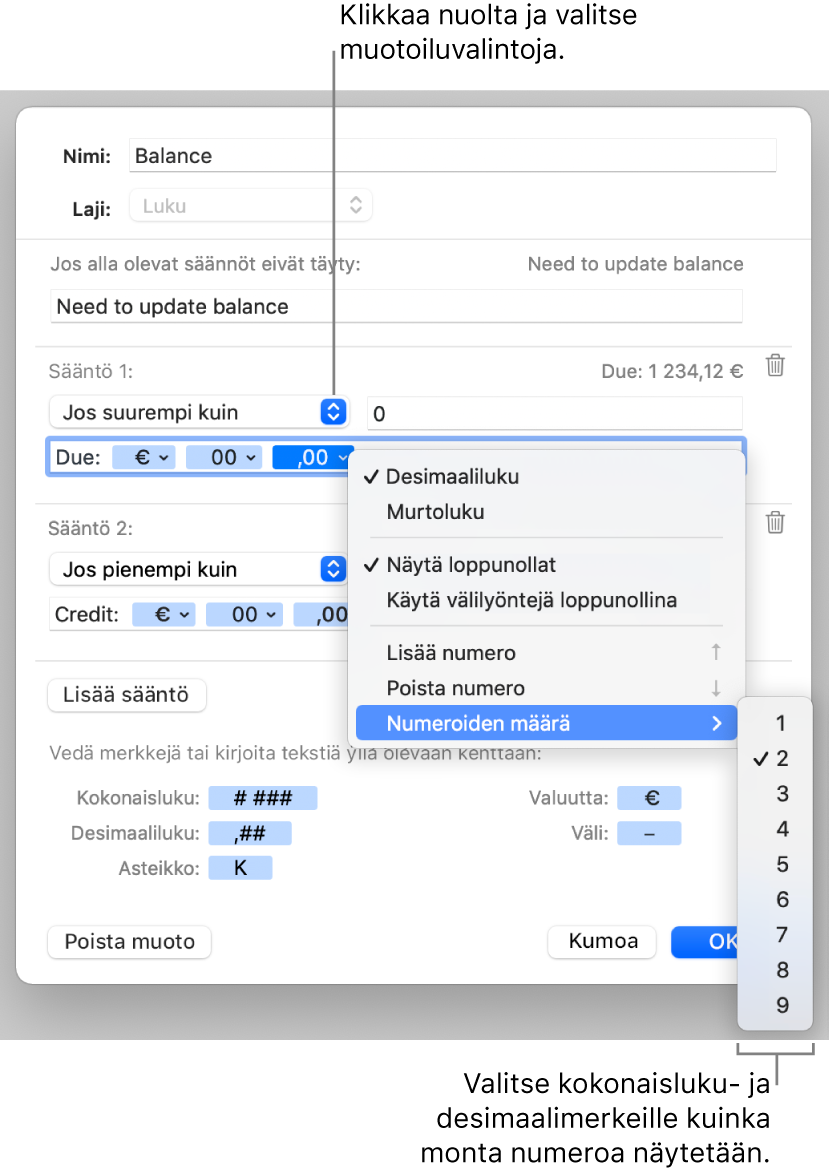 Muokatun solumuodon ikkuna, jossa on säätimet muokatun numeromuodon luomista varten.