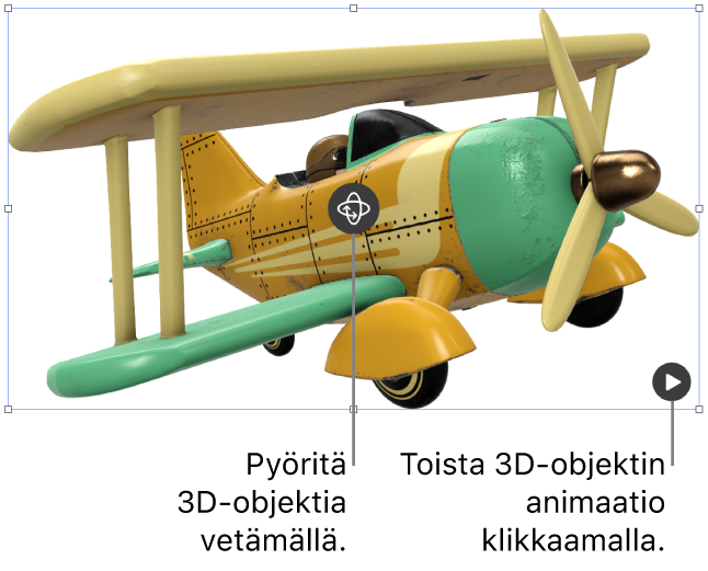 3D-objekti, jonka keskellä on Pyöritä-painike ja jonka oikeassa alakulmassa on Toista-painike.