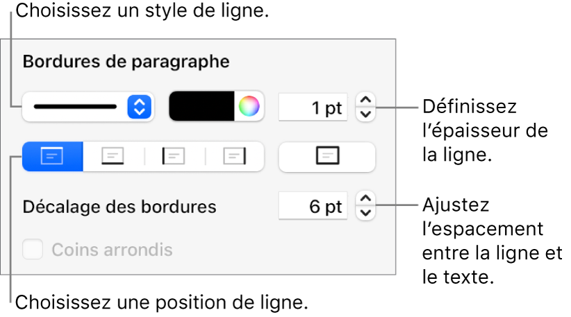 Commandes permettant de modifier le style, l’épaisseur, la position et la couleur de la ligne.