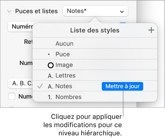 Menu local « Styles de liste » avec un bouton « Mettre à jour » en regard du nom du nouveau style.