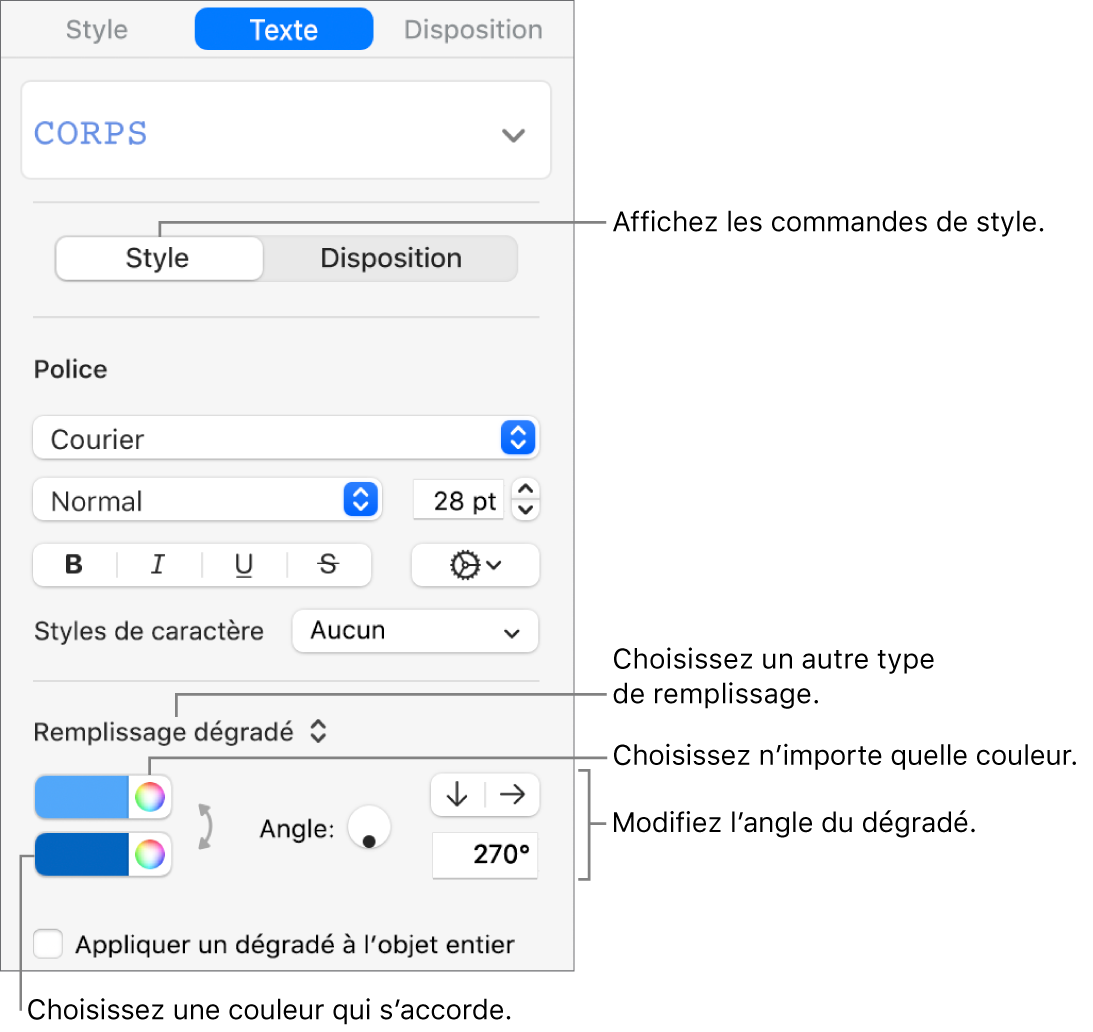 Commandes permettant de choisir des couleurs prédéfinies ou une tout autre couleur.