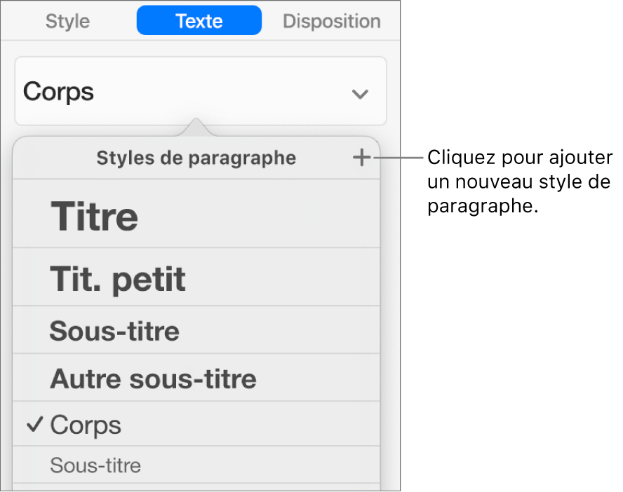 Le menu « Styles de paragraphe » avec le bouton « Nouveau style » accompagné d’une légende.