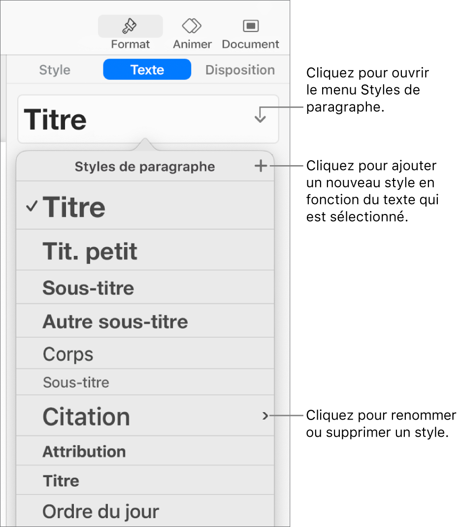 Le menu « Styles de paragraphe », affichant des commandes pour ajouter ou modifier un style.