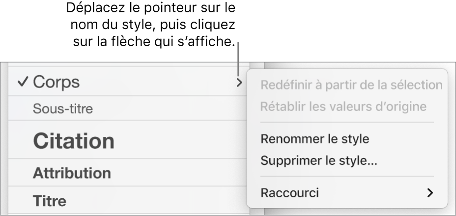 Le menu « Styles de paragraphe » avec le menu contextuel ouvert.