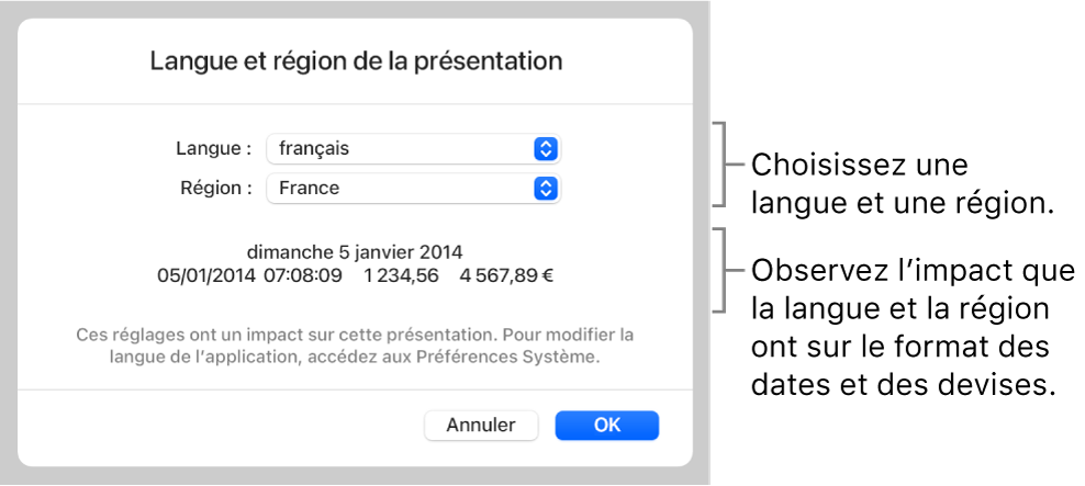 La sous-fenêtre Langue et région présentant des commandes de langue et de région, ainsi qu’un exemple de mise en forme comprenant date, heure, affichage des décimales et devise.