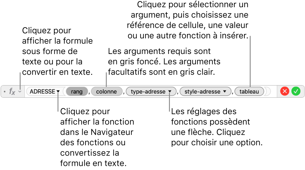 Éditeur de formule affichant la fonction ADRESSE et les jetons d’arguments correspondants.