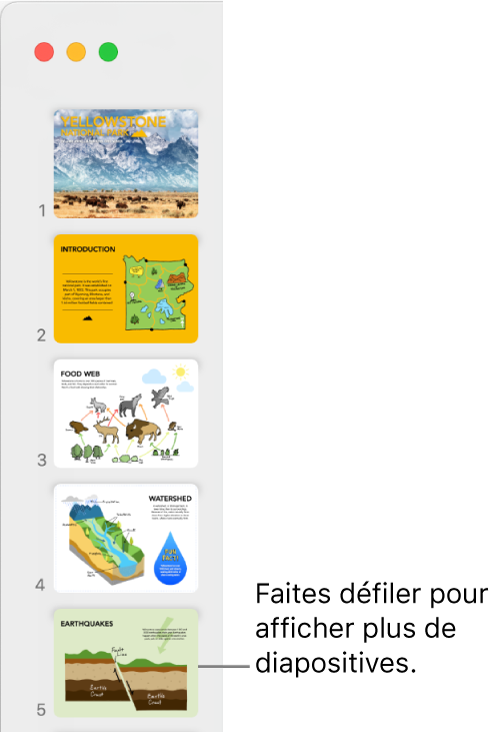 Le navigateur de diapositives avec cinq diapositives affichées verticalement par ordre séquentiel, et la possibilité de faire défiler vers le bas pour afficher d’autres diapositives.