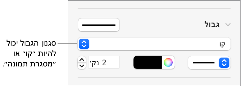 כלי הבקרה של סגנון גבול בסרגל הצד ״עיצוב״, שבו ״קו״ נבחר כסוג הגבול.