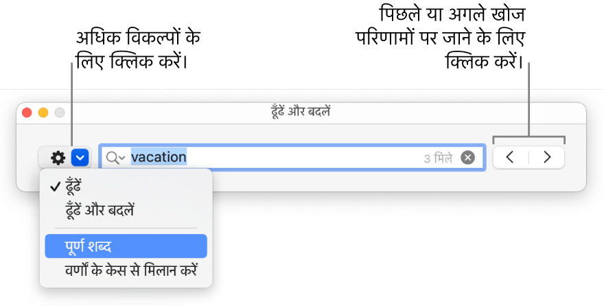 “ढूँढें और बदलें” विंडो जिसमें पॉप-अप मेनू “ढूँढें”, “ढूँढें और बदलें” “पूरे शब्द” और “मैच केस” के लिए विकल्प दिखा रहा है। दाईं ओर के तीर आपको अगले और पिछले खोज परिणाम पर जाने की सुविधा उपलब्ध कराता है।