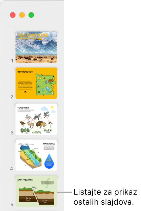 Navigator slajdova s prikazom pet slajdova okomito koji slijede jedan iza drugog, s opcijom za listanje prema dolje radi prikaza više slajdova.