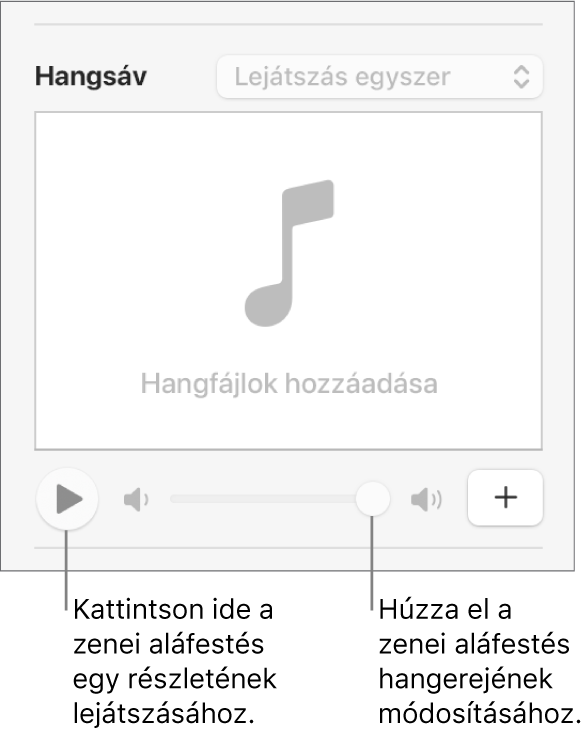 A Hangsáv vezérlői a Lejátszás gombbal és a kiemelt hangerőcsúszkával.