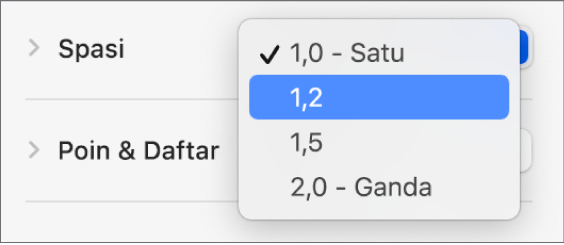 Menu pop-up Spasi dengan Tunggal, Ganda, dan pilihan lainnya.