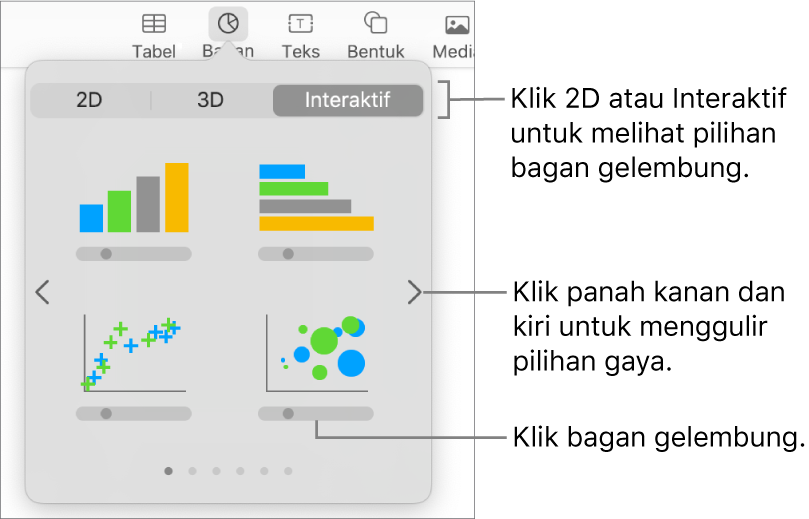 Menu tambah bagan menampilkan bagan interaktif, termasuk pilihan bagan gelembung.