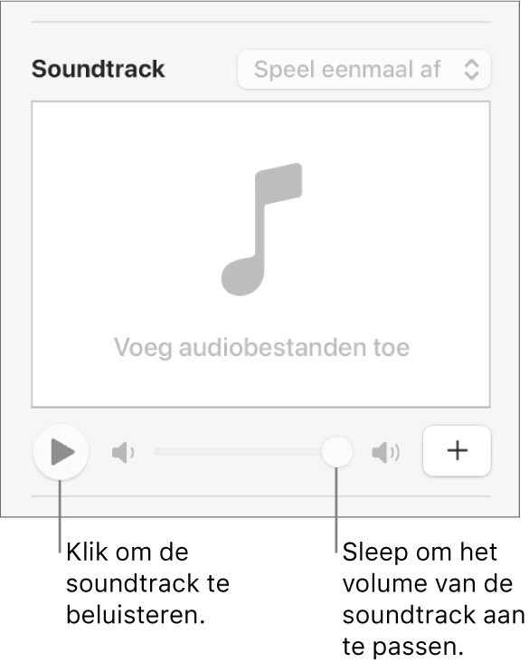 De soundtrackregelaars met uitleg bij de afspeelknop en de volumeschuifknop.