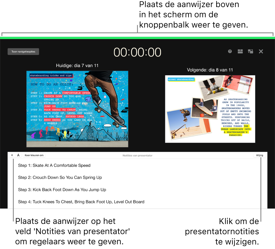 Het presentatorscherm in Keynote met knoppen voor het openen en sluiten van het dianavigatiepaneel en weergaveopties boven in het scherm. De huidige dia en de volgende dia staan in het midden van het scherm en het veld 'Notities van presentator' staat onderaan.