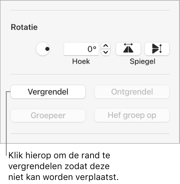 De objectregelaars 'Rotatie', 'Vergrendel' en 'Groepeer' met uitleg bij de knop 'Vergrendel'.