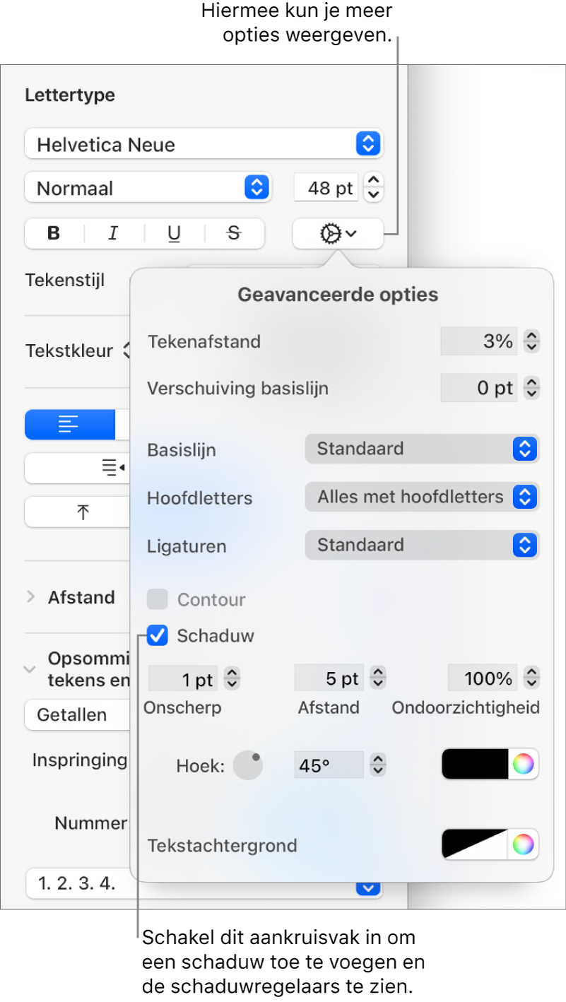 Het menu 'Geavanceerde opties' met het aankruisvak 'Schaduw' ingeschakeld en regelaars voor het instellen van de vervaging, afstand, ondoorzichtigheid, hoek en kleur.