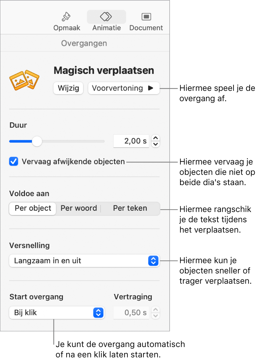 Overgangsregelaars voor 'Magisch verplaatsen' in het gedeelte 'Overgangen' van de navigatiekolom 'Animatie'.