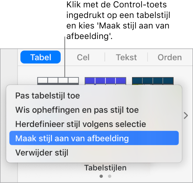 Het contextuele menu voor tabelstijlen.