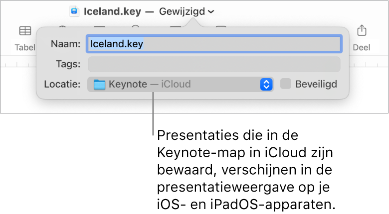Het dialoogvenster 'Bewaar' voor een presentatie, met de optie 'Keynote - iCloud' in het pop‑upmenu 'Locatie'.