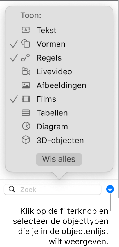 Het pop‑upmenu 'Filter' met een lijst waarin de typen objecten (tekst, vormen, lijnen, afbeeldingen, films, tabellen en diagrammen) staan die de lijst kan bevatten.