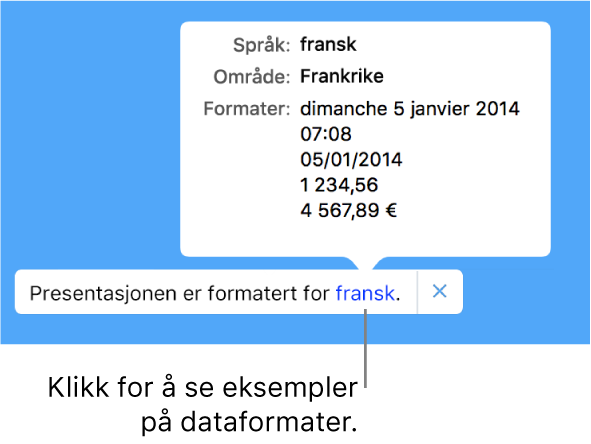 Varsling som viser en annen språk- og regionsinnstilling, med eksempler på formatering for det språket og den regionen.