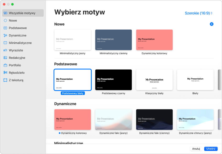 Paleta motywów. Pasek boczny po lewej zawiera listę kategorii motywów, w które możesz kliknąć, aby filtrować dostępne motywy. Po prawej widoczne są miniaturki gotowych motywów uporządkowane wierszami według kategorii. W prawym górnym rogu znajduje się przycisk wielkości motywu, umożliwiający wybranie formatu standardowego lub szerokiego. Przycisk Anuluj i Utwórz są w prawym dolnym rogu.