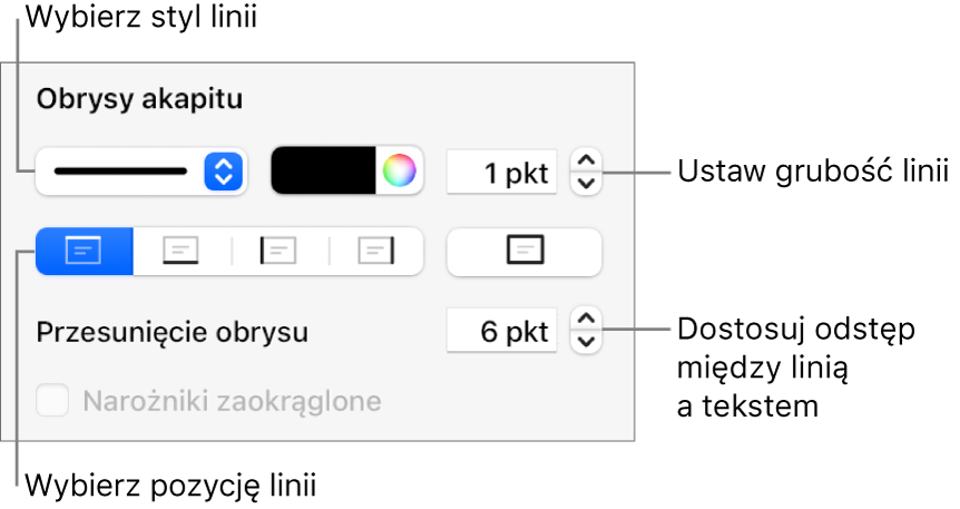 Narzędzia zmieniania stylu, grubości, pozycji i koloru linii.