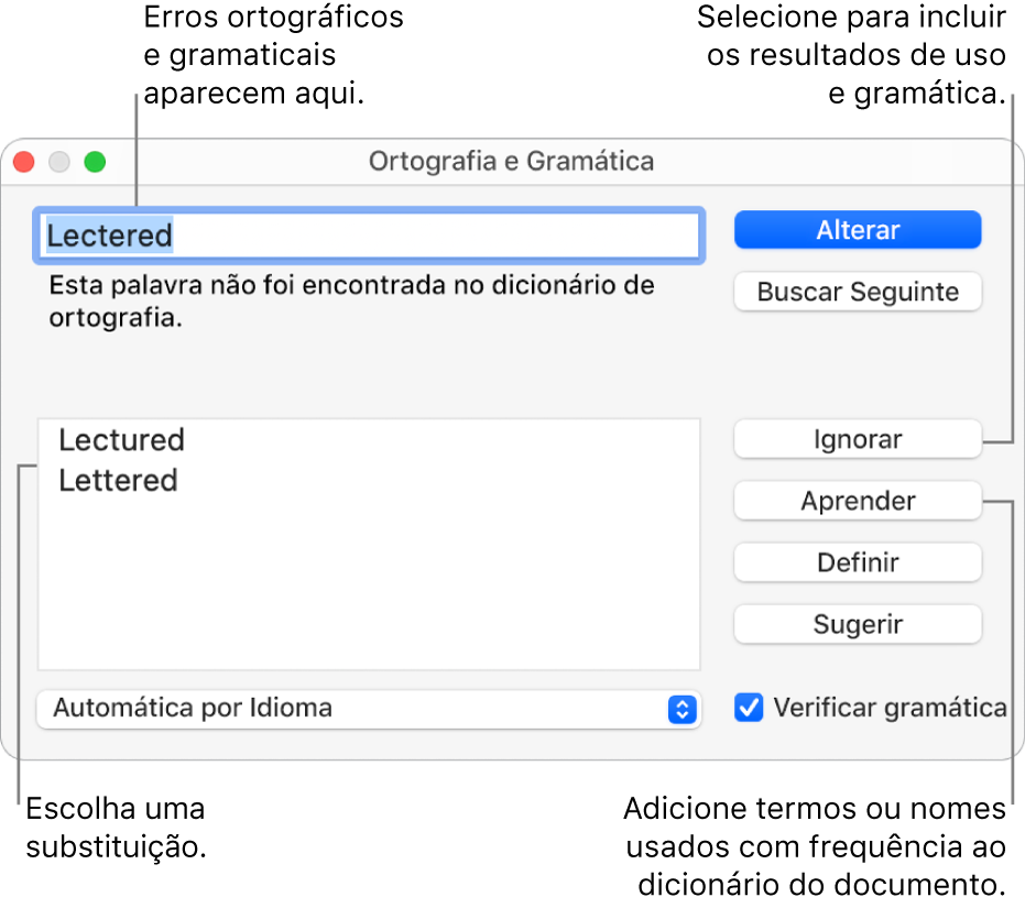 Janela de Ortografia e Gramática.