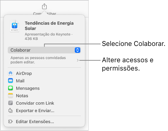 Menu Compartilhar com Colaborar selecionado na parte superior e os ajustes de acesso e permissão abaixo.