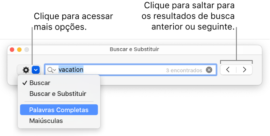 Janela Buscar e Substituir com o menu pop‑up que mostra opções para Buscar, Buscar e Substituir, Palavras Inteiras e Maiúsculas. As setas à direita permitem passar para os resultados de busca anteriores ou seguintes.