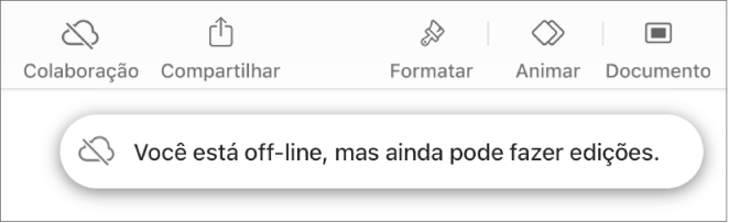 Os botões na parte superior da tela com o botão Colaboração transformado em uma nuvem com uma linha diagonal sobre ela. Alerta na tela informando que “Você está off-line, mas ainda pode fazer edições.”