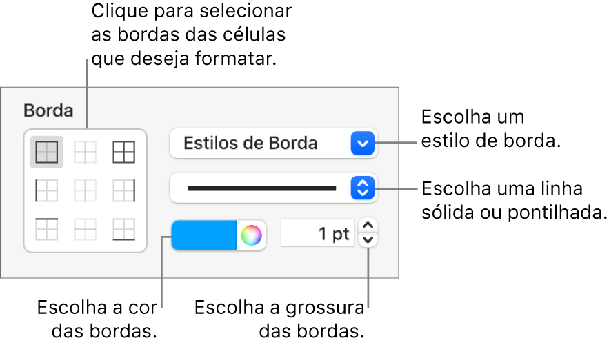 Controles da barra lateral para alterar a aparência de bordas das células.