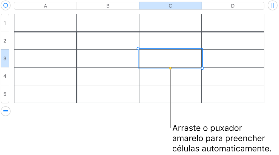 Uma célula selecionada com um puxador amarelo que pode ser arrastado para preencher células automaticamente.