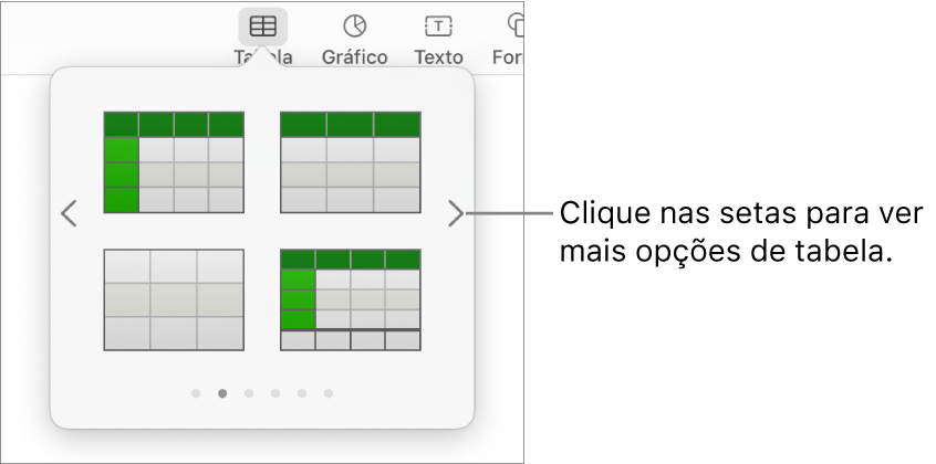 O painel “Adicionar tabela” com setas de navegação à esquerda e à direita.