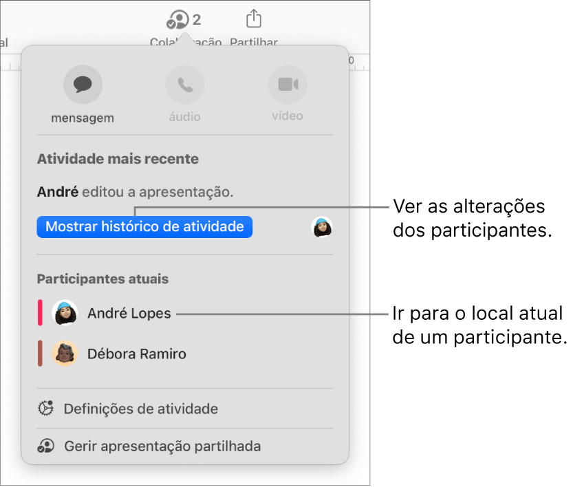 O menu de colaboração com dois participantes atuais listados.