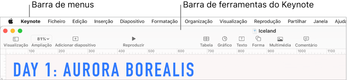 A barra de menus na parte superior do ecrã com os menus “Apple”, “Keynote”, “Ficheiro”, “Edição”, “Inserção”, “Formatação”, “Ordem”, “Visualização”, “Reprodução”, “Partilhar”, “Janela” e “Ajuda”. Por baixo da barra de menus encontra-se uma apresentação aberta do Keynote com os botões da barra de ferramentas na parte superior para "Visualização”, “Ampliação”, “Adicionar diapositivo”, “Reproduzir”, “Tabela”, “Gráfico”, “Texto”, “Forma” e “Multimédia”.