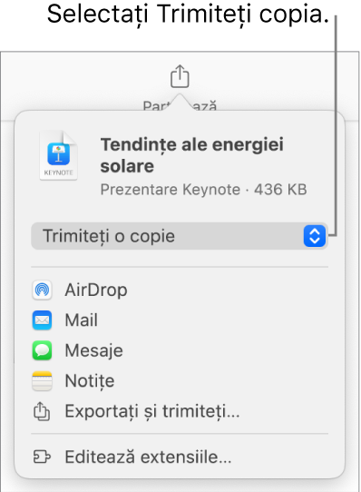 Meniul Partajează, cu opțiunea Trimite o copie selectată în partea de sus.