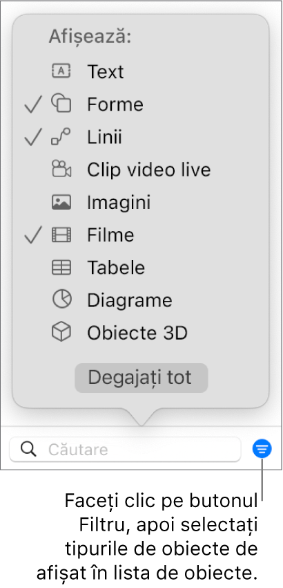 Meniul pop-up Filtrare deschis, cu o listă de tipuri de obiecte care pot fi incluse (text, forme, linii, imagini, filme, tabele și diagrame).
