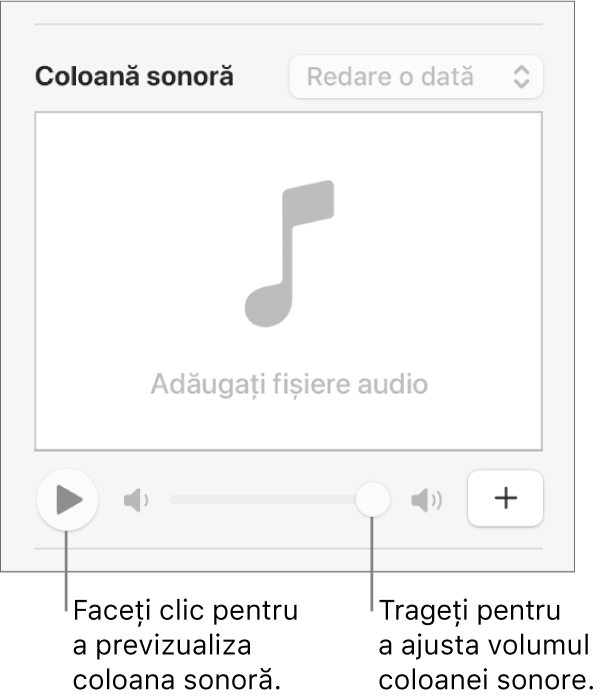 Comenzile Coloană sonoră cu butonul Redă și glisorul de volum evidențiate.