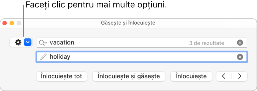 Fereastra Găsește și înlocuiește, cu o explicație pentru meniul pop-up care afișează mai multe opțiuni.