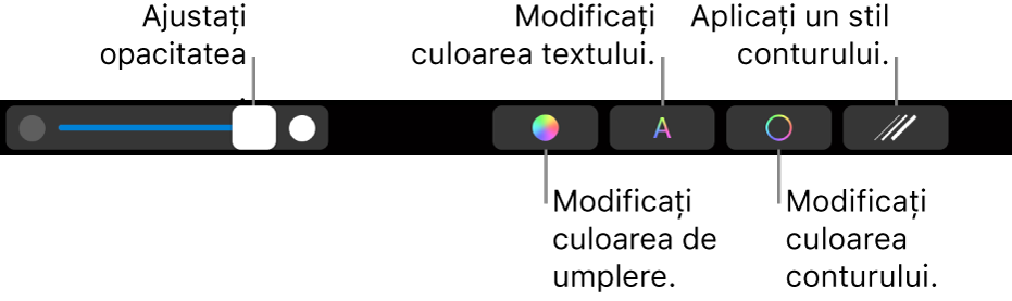 Bara Touch Bar din MacBook Pro, cu comenzi pentru schimbarea opacității unei forme, a umplerii cu culoare, a culorii textului, a culorii conturului și a stilului de contur.