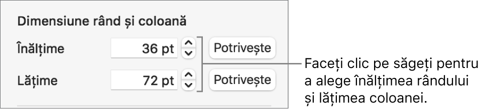 Comenzile pentru setarea unei dimensiuni precise a rândului sau coloanei.