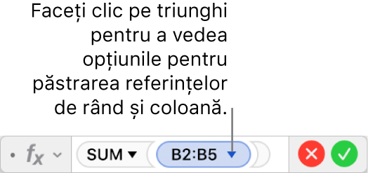 Editorul de formule afișând cum să păstrați rândul și coloana referințelor de interval.