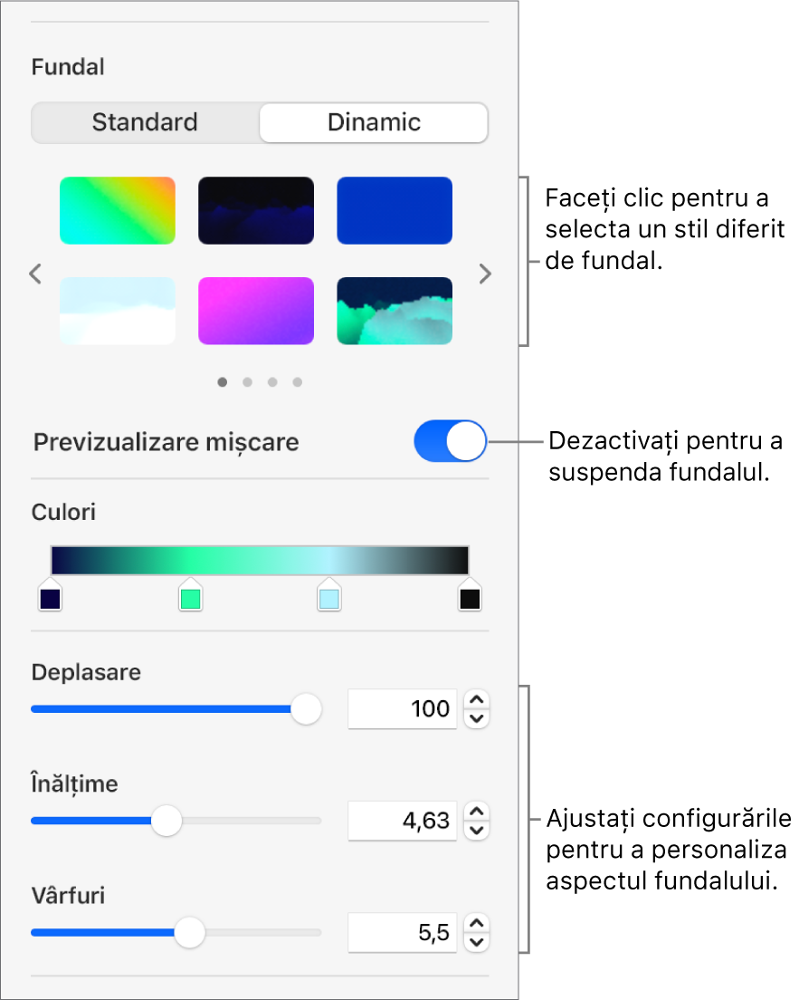 Butonul Dinamic selectat în secțiunea Fundal din bara laterală Format, cu stilurile pentru fundalul dinamic, comenzile Previzualizare mișcare și comenzile pentru aspect afișate.